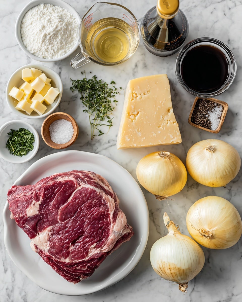 A white plate holds a large raw beef chuck roast with deep red meat and white fat marbling. Near it, four whole yellow onions with smooth white-yellow skins lie on a white marbled surface. Above these, a glass measuring cup is filled with pale yellow white wine, next to a small pile of light yellow butter cubes. A small white bowl contains all-purpose flour, and another white bowl holds finely minced garlic. Fresh green herbs rest beside the beef broth in a clear glass bowl filled with dark brown liquid. A large dark bottle of Worcestershire sauce leans nearby, with a block of pale yellow gruyere cheese beside it. Salt and pepper containers sit at the top right, the salt in a wooden round bowl and black pepper in a clear square jar, both on the white marble surface. Photo taken with an iphone --ar 4:5 --v 7