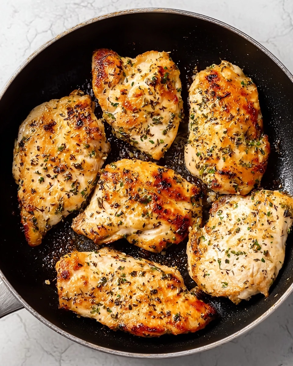 A black frying pan holds five cooked chicken pieces arranged closely together, each with a golden-brown color and specks of green herbs and black pepper lightly spread across the surface, showing a slightly crispy texture. The chicken pieces vary in size and shape but have a consistent cooked shine and some browned edges that add depth to their appearance. The background features a white marbled texture. photo taken with an iphone --ar 4:5 --v 7
