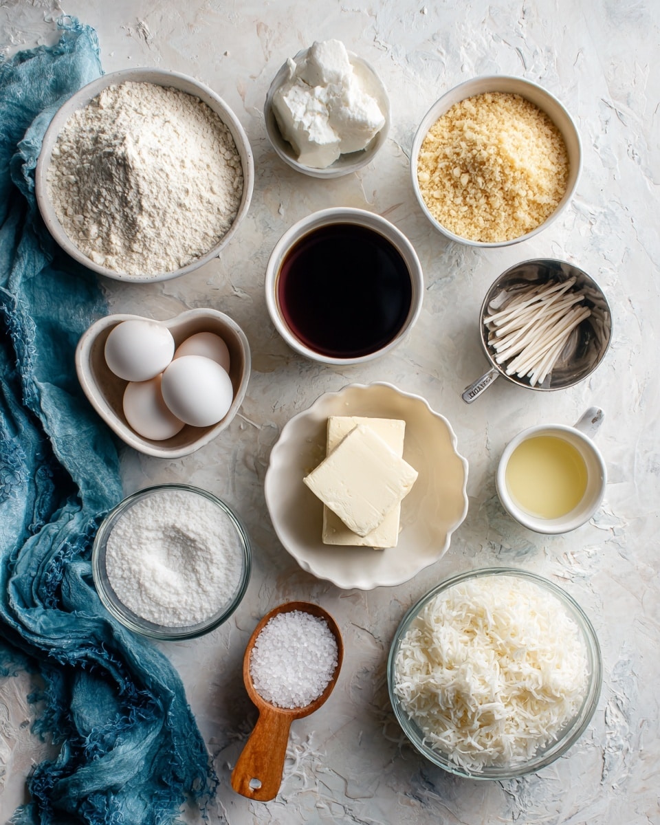 The image shows a top view of various baking ingredients placed neatly on a white marbled surface. There are three white eggs near the middle with three silver foil-wrapped sticks stacked slightly on the right. A small metal cup filled with dark liquid is next to the foil sticks. Above the eggs is a white bowl stacked with white granulated sugar. To the left of it is a heart-shaped white bowl holding white flour. Next to it, a white cup with a light yellow liquid, likely melted butter, is visible. Above it, a large white bowl contains golden breadcrumbs. To the right of the breadcrumbs is another white bowl filled with shredded white coconut. A small silver cup with salt is placed in the center. On the lower left, a wooden measuring cup holds more shredded coconut. Below it, a clear glass measuring cup contains a white liquid resembling coconut milk. A piece of blue fabric lies to the far left corner. Photo taken with an iphone --ar 4:5 --v 7