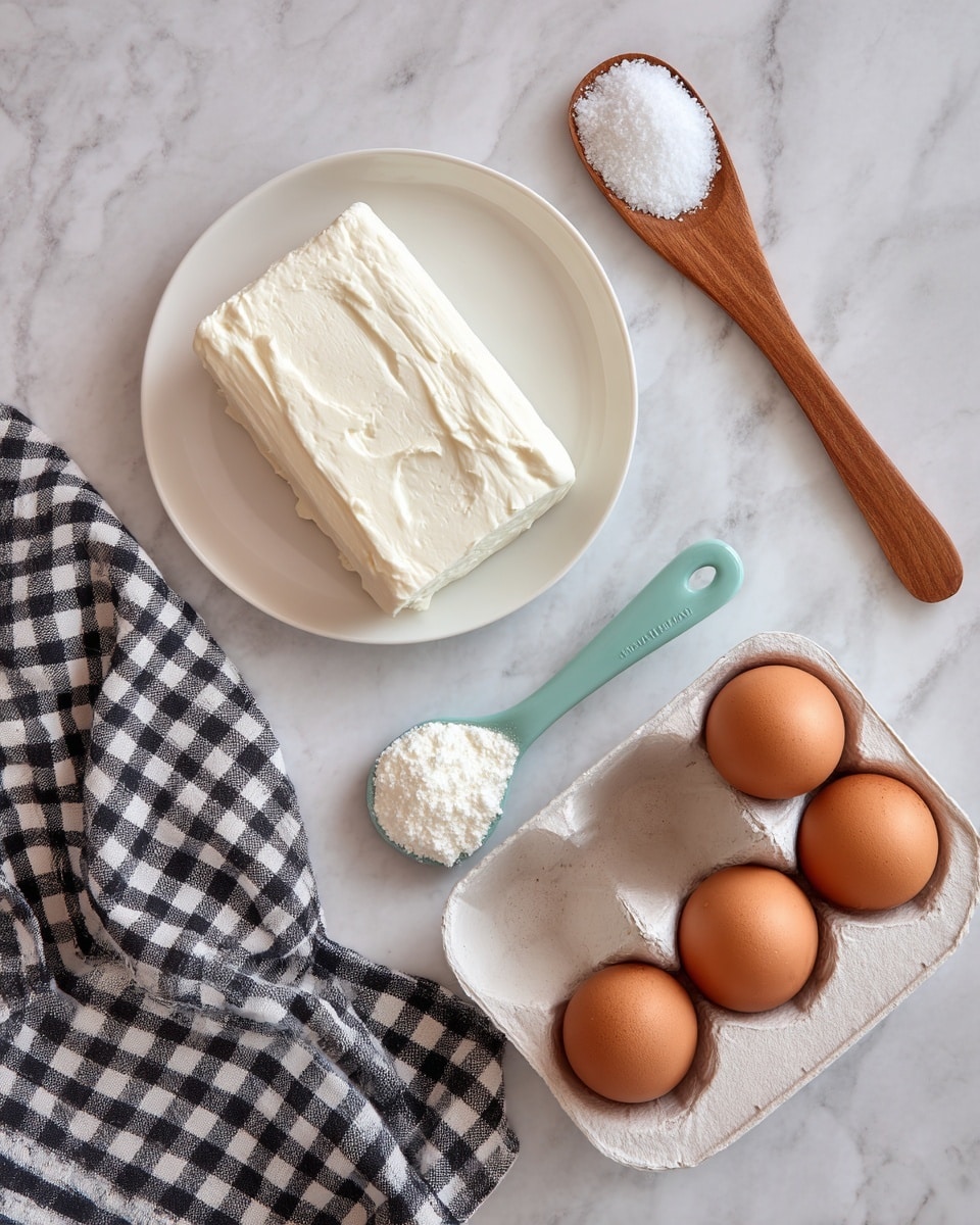 The image shows four ingredients arranged on a white marbled surface. At the top left, there is a white plate with a rectangular block of off-white cream cheese in the center. To the right, there is a wooden spoon holding white salt crystals and below that a teal measuring spoon with white cream of tartar powder. In the bottom right corner, there is a white egg tray holding three brown eggs, resting partly on a black and white checkered cloth. Photo taken with an iphone --ar 4:5 --v 7