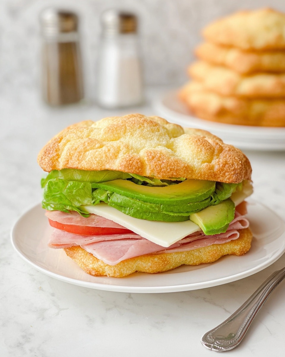 A sandwich is shown on a white plate placed on a white marbled surface. The sandwich has three main layers inside two fluffy, light golden cloud-like bread pieces. The bottom bread piece is slightly crispy and puffy. On it, there is a fresh green lettuce leaf with a smooth texture, followed by a slice of white cheese. Above the cheese, there are folded slices of pink ham, topped with two thick slices of green avocado. The top bread piece is puffy with a slightly cracked surface, golden in color, completing the sandwich. In the background, there is a blurred stack of similar bread pieces and some salt and pepper shakers. photo taken with an iphone --ar 4:5 --v 7