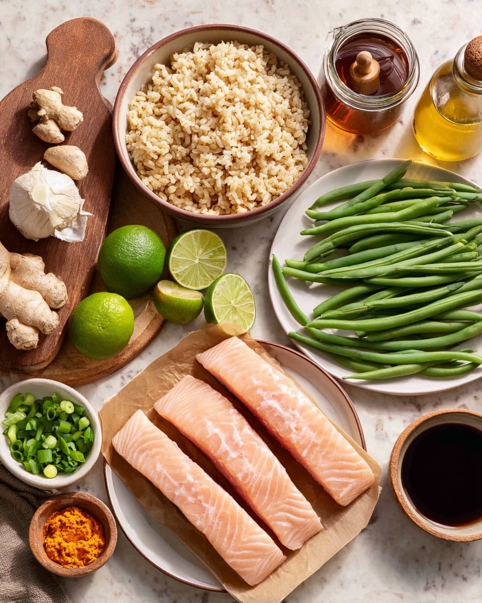 The image shows several ingredients arranged on a white marbled surface. In the center bottom is a white plate with three thick, pale pink fish fillets layered on brown paper. To the left, a small tan bowl holds ginger root and garlic cloves. Above it, a white bowl filled with light brown cooked rice sits on a small wooden board with a wooden citrus reamer and a halved green lime next to it. On the right side, a white plate holds a bunch of green beans with fresh thin green strips scattered nearby. Small bowls around hold bright green lime wedges, chopped green onions, and a small bowl of orange paste. There is a small glass of dark soy sauce and a small jar with honey and a honey dipper on top. photo taken with an iphone --ar 4:5 --v 7