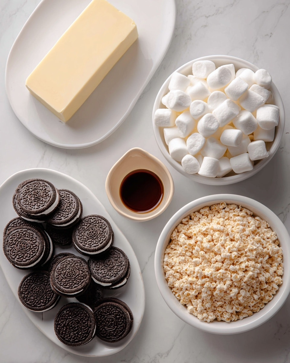 The image shows an overhead view of ingredients neatly placed on a white marbled surface. There is a white plate holding a solid rectangular block of pale yellow butter at the top left. Below it, a small beige cup contains brown vanilla extract. To the right, a larger white bowl is filled with many small, puffy white marshmallows. At the bottom right, another white bowl holds a layer of golden beige Rice Krispies cereal with a dry, crispy texture. At the bottom left, a white plate displays two rows of evenly arranged round, dark chocolate Oreos with white cream filling visible around the edges. The setup is clean and organized with clear labels on each ingredient. Photo taken with an iphone --ar 4:5 --v 7