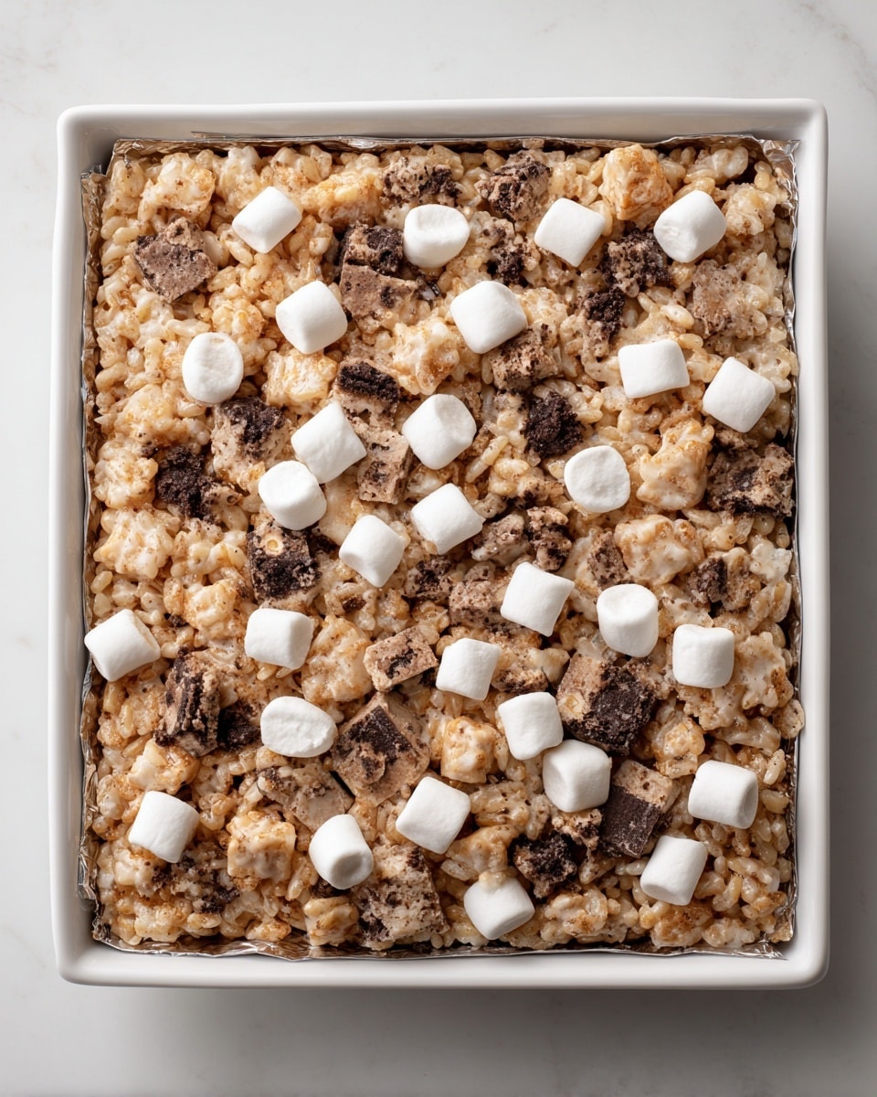 A square white ceramic dish lined with shiny silver foil holds a single thick layer of a mixed treat. The treat is a combination of light beige crispy rice pieces, white mini marshmallows, and chunks of dark chocolate cookies scattered evenly throughout. The textures vary from soft marshmallows, crisp rice grains, to crumbly cookie bits, all tightly packed together in the white marbled background. photo taken with an iphone --ar 4:5 --v 7
