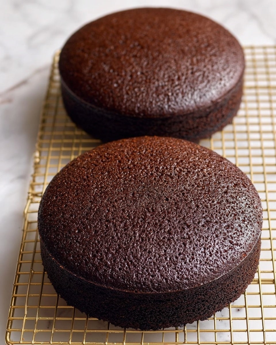 The image shows two round chocolate cake layers cooling on a gold wire rack placed over a surface with a white marbled texture. Both cake layers are dark brown and have a slightly rough texture on top with tiny cracks, showing a moist and dense look. The cakes are evenly baked with no frosting or decorations, and they are positioned side by side, one slightly higher in the frame than the other. Photo taken with an iphone --ar 4:5 --v 7