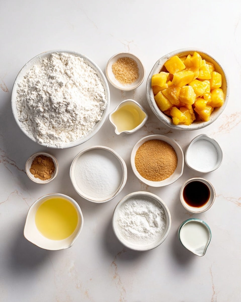 A white marbled surface holds several small white bowls and cups arranged neatly, each filled with different baking ingredients. The largest bowl on the left contains white flour with a slightly rough texture. Near it, on the right, there is a medium bowl filled with chopped yellow peaches showing bright juicy chunks. Around these two main bowls, smaller white bowls and cups contain light brown sugar that looks crumbly, white powdered sugar that is fine and soft, granulated white sugar, a small amount of cinnamon powder with a brown, powdery look, a small bowl of melted butter that shines with a smooth yellow surface, a cup with a thick yellow liquid, a small glass of oil with a clear golden shine, a cup of milk with a creamy white color, and a tiny cup of dark vanilla extract. All items are spaced out carefully on the white marbled background, bright and clean with soft shadows. Photo taken with an iphone --ar 4:5 --v 7