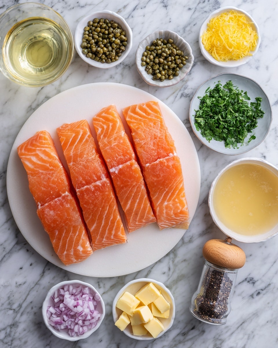 A top-down view shows several ingredients neatly arranged on a white marbled surface. In the bottom left corner, four bright orange salmon filets are placed on a large round white plate, with a smooth texture and visible lines of the fish. Around the plate, there are small white bowls containing green capers, minced shallots in pale purple, chopped green parsley, yellow lemon slices, minced yellow garlic, and several small cubes of pale yellow unsalted butter. A clear glass measuring cup filled with light golden chicken broth sits near the center. To the right, a round white salt container with a bamboo lid showing salt inside, next to a tall glass pepper grinder filled with black peppercorns. A small transparent glass with pale yellow white wine is near the bottom right. A bottle of olive oil is partially visible at the top left corner. Each ingredient contrasts well with the white marbled surface, arranged in a clean and organized manner. Photo taken with an iphone --ar 4:5 --v 7
