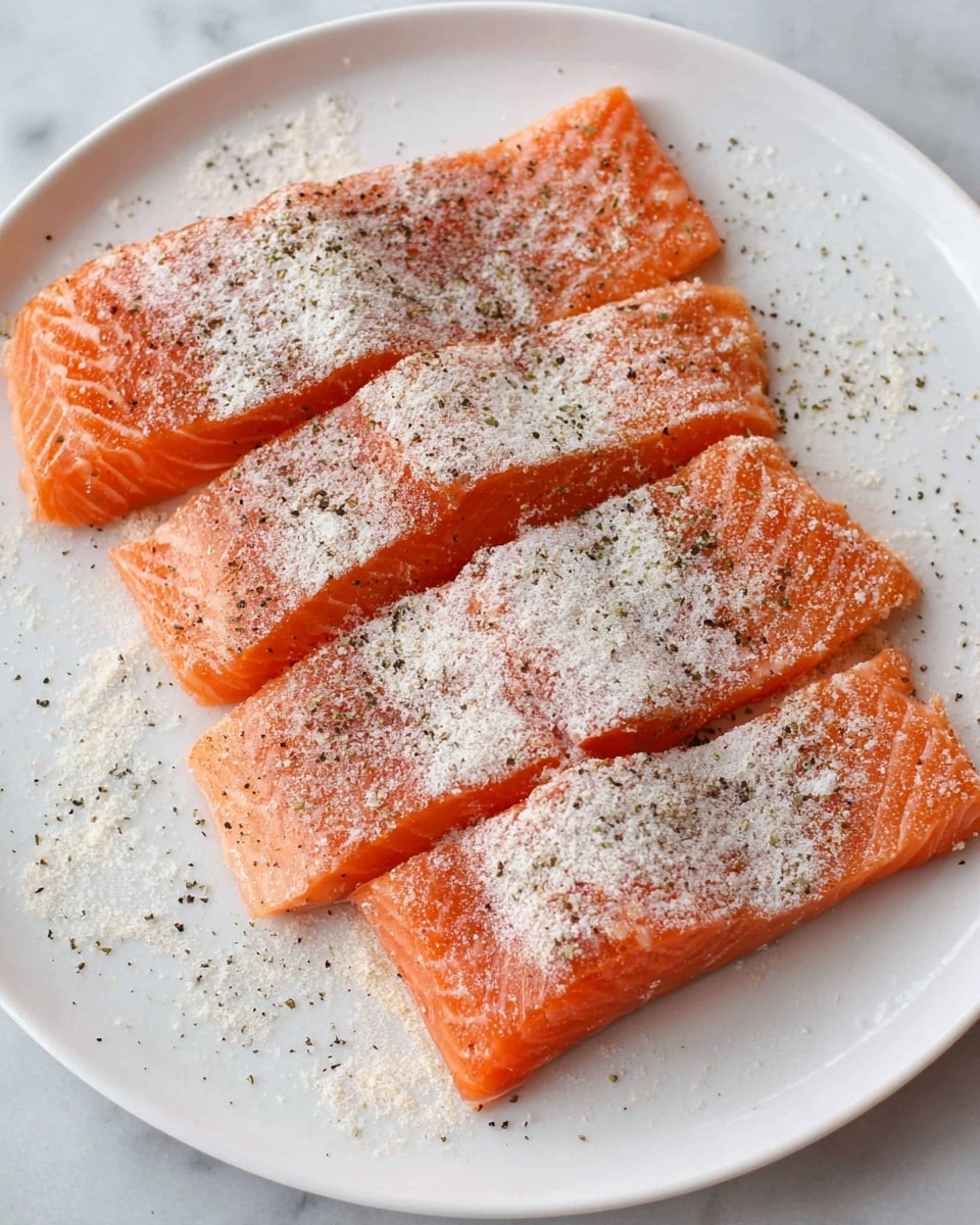 Four pieces of raw salmon fillets with a bright orange color lie flat on a white plate. Each salmon piece is coated with a dusting of white flour and sprinkled with small black pepper flakes. The flour layer looks light and powdery, evenly spread over the surface of the salmon. The plate sits on a white marbled texture surface. photo taken with an iphone --ar 4:5 --v 7