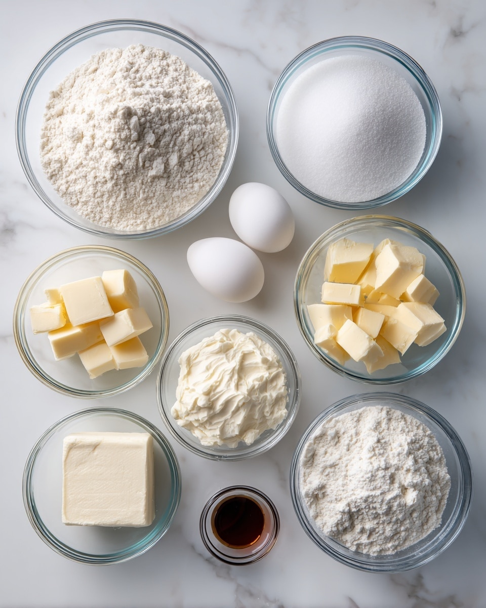 The image shows nine clear glass bowls of different sizes arranged on a white marbled surface. Each bowl contains a baking ingredient: one with white all-purpose flour that looks powdery, one with two white eggs, one with powdered sugar that is fine and white, one with white granulated sugar, one with several small pieces of pale yellow butter, one with creamy white cream cheese, one with a small amount of white salt, one with baking powder (not clearly visible but labeled), and one with a tiny amount of dark brown vanilla extract in a small container. The bowls are spaced out evenly with some shadows under them. Photo taken with an iphone --ar 4:5 --v 7