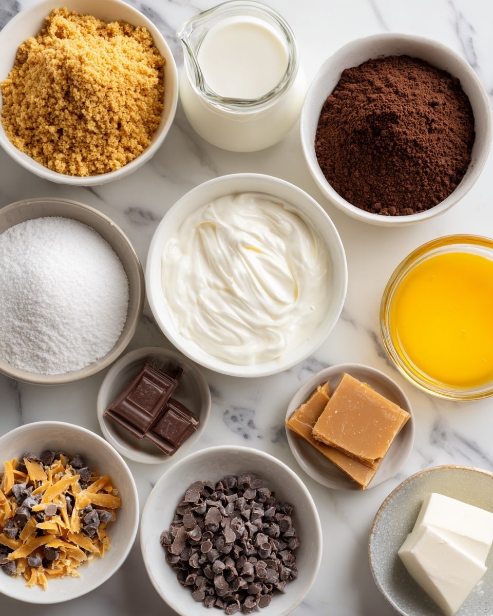 The image shows several small white bowls and a measuring jug arranged on a white marbled surface, each filled with different ingredients for a dessert recipe. There is a bowl with coarse golden graham cracker crumbs, another bowl with smooth white cream cheese, and a bowl of dark cocoa-colored pudding mix. A clear measuring jug holds creamy white milk, while separate bowls contain white granulated sugar, bright yellow melted butter, and fine white powdered sugar. Smaller white bowls are filled with toffee bits mixing golden brown and dark brown pieces, tiny dark chocolate chips, and delicate dark chocolate shavings. Also visible is a small square of white cream cheese placed beside some powdered sugar. A small transparent dish contains coarse white salt, and a small brown caramel-like square sits nearby. All items are neatly spaced and clearly visible, photo taken with an iphone --ar 4:5 --v 7