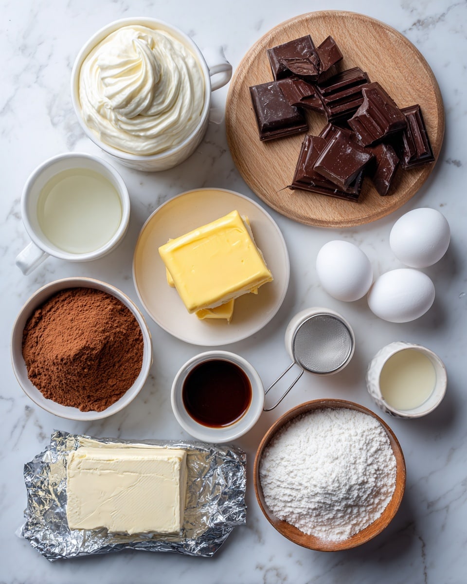 The image shows ingredients for baking arranged neatly on a white marbled surface: in the top left, there is a white cup filled with smooth whipped topping, beside it on the right is a wooden board with a chocolate baking bar, some pieces broken off. Below these, a small white bowl holds bright yellow butter in a square shape, next to it on the right is a small white bowl with two whole white eggs. Below the whipped topping, a foil-wrapped block of cream cheese is partially unwrapped revealing its creamy white inside. A small white cup of dark chocolate sauce sits near the cream cheese. Further down to the left, there is a clear plastic bag filled with dark brown chewy fudge brownies mix. To the right of it, a small white cup contains vegetable oil, next to it a slightly bigger white cup with clear water. On the far right bottom, a round wooden bowl holds white powdered sugar with a small metal sieve resting on top. Near the eggs, a tiny white bowl contains brown vanilla extract. All items are placed carefully showing off their textures and colors, with clear labels above each item. photo taken with an iphone --ar 4:5 --v 7