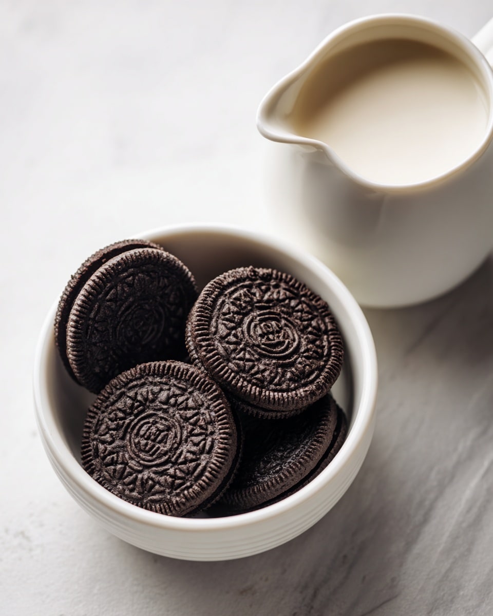 A white round bowl filled with five dark brown Oreo cookies showing their textured tops sits near the top left on a white marbled surface. Below and slightly to the right, there is a white pitcher filled with smooth light beige milk. Both are placed separately with the focus on their contrasting dark and light elements. The image has a clean, simple look with the wooden texture replaced by the white marbled texture. Photo taken with an iphone --ar 4:5 --v 7