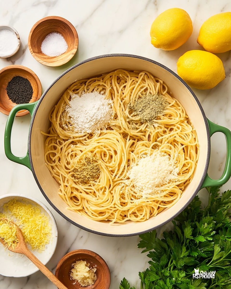 In the image, a white pot with green handles is filled with cooked spaghetti arranged in loose, circular layers. Three different powders sit on top in three separate spots: one white, one light yellow, and one black, all finely textured. Around the pot on a white marbled surface are small wooden bowls with salt, black pepper, and another powder, a small white dish with yellow zest, two whole lemons, a bunch of fresh green parsley, and a wooden spoon holding a small amount of light powder. The scene is bright and clean, with all items neatly placed. Photo taken with an iphone --ar 4:5 --v 7