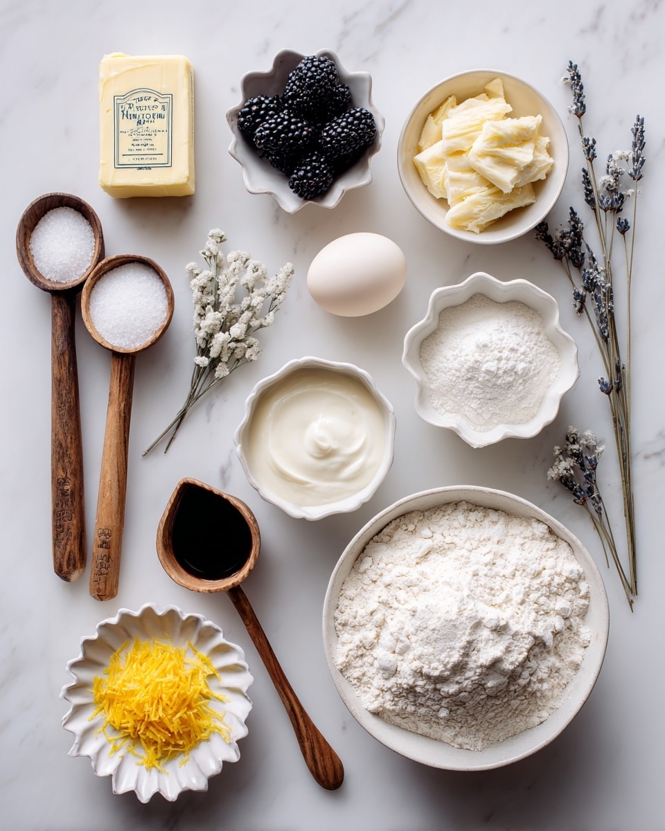 The image shows various baking ingredients arranged neatly on a white marbled surface. There is a white bowl filled with white flour at the bottom right, next to a small white flower-shaped bowl with white sugar and a similar bowl with heavy cream, both placed slightly above and left of the flour. Above the cream is a small scalloped white dish holding a handful of dark blackberries. Nearby are a white egg and a small white flower-shaped bowl with dried lavender. To the top left, a stick of butter with packaging is set diagonally, near two wooden-handled measuring spoons containing white baking powder and salt. A third wooden spoon filled with dark vanilla extract is at the bottom left, close to a small white scalloped plate with bright yellow lemon zest. The ingredients are spaced evenly and have clear labels on black tags. photo taken with an iphone --ar 4:5 --v 7