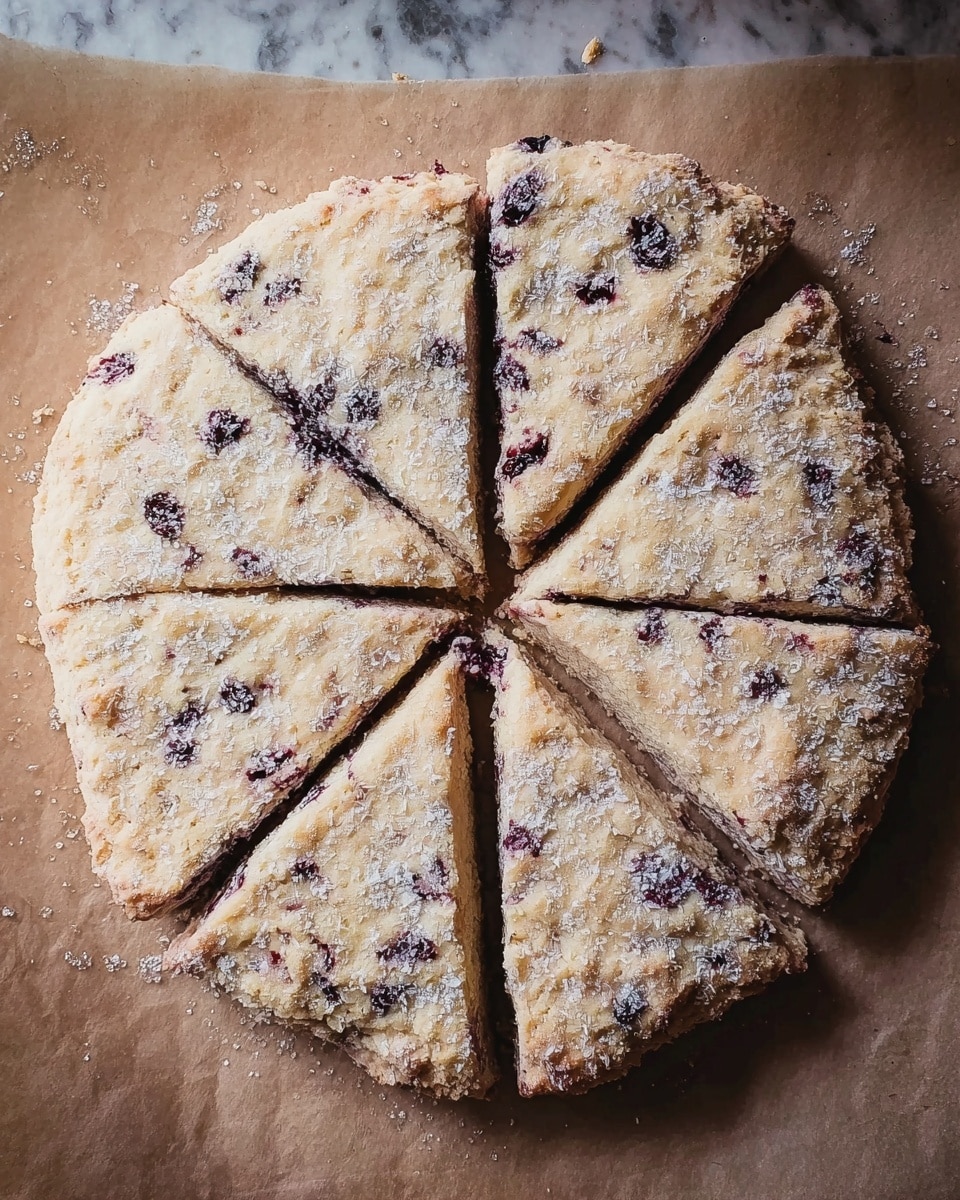 The image shows a round baked scone with eight triangular slices. The scone has a light brown top sprinkled with white flour and dark purple spots from berries mixed inside. The surface looks crumbly and rough with small cracks, and the edges are uneven. The scone is on a piece of brown parchment paper on a white marbled surface. photo taken with an iphone --ar 4:5 --v 7