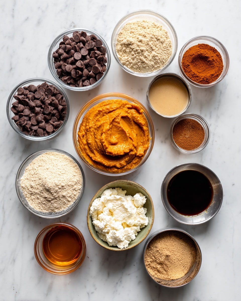 The image shows a clean layout of various baking ingredients arranged on a white marbled surface. There are small clear glass bowls filled with dark brown chocolate chips, bright orange pumpkin puree, light beige almond flour, light tan protein powder, white cottage cheese, and a smooth light brown cashew butter. Two small spice bottles appear in the center and right, one labeled pumpkin pie spice with a mix of reddish and brown powder inside, and the other cinnamon with a light brown powder. Small metal bowls hold a light golden apple cider vinegar, dark brown maple syrup, and a dark vanilla extract. Each ingredient is labeled with simple black text on a white tag. The whole setup is neat and bright, with clear contrasts between the colors and textures of the ingredients. photo taken with an iphone --ar 4:5 --v 7