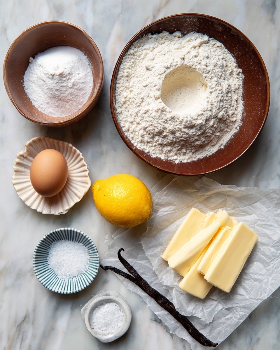 The image shows a white marbled surface with several ingredients arranged neatly. On the top right is a large brown bowl filled with white flour, a small hollow in the center. Below it to the left is a smaller brown bowl with white sugar. Centered near the bottom is a small seashell-shaped white bowl holding a brown egg. To the right of the egg is a whole bright yellow lemon. Below that is a pile of pale yellow butter sticks resting on white parchment paper. A dark brown vanilla bean pod lies diagonally across the surface just below the sugar bowl and above the egg bowl. A small white dish with blue stripes contains a small pile of salt near the bottom left. The setting is clean and bright. photo taken with an iphone --ar 4:5 --v 7