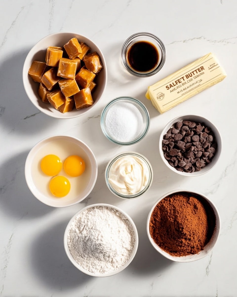 A white marbled surface holds a neat arrangement of baking ingredients in white bowls. Starting from the top left, a bowl is filled with shiny, golden caramel pieces. Next to it, there is a small glass container with dark liquid vanilla extract. Below these are two bowls side by side; one contains two raw egg yolks floating in egg white with vibrant yellow color, and the other is filled with white sugar. Near the middle right, there is a glass jar filled with cream, placed next to a wrapped stick of yellow butter labeled