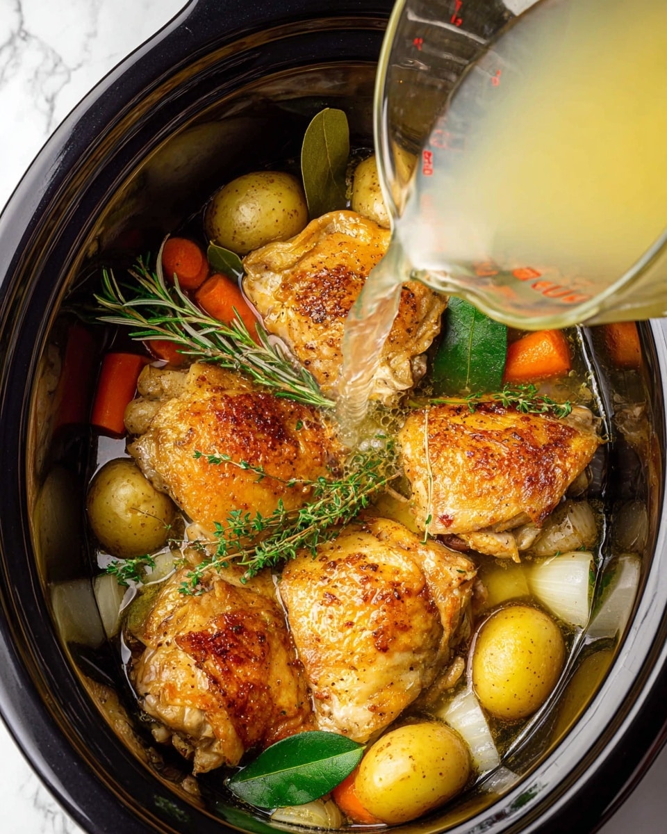 The image shows a black slow cooker filled with several golden-brown cooked chicken thighs arranged on top. Beneath the chicken, there are small whole yellow potatoes, pieces of carrot, and white onion layers, all partially visible. Fresh green herbs like rosemary, thyme, and bay leaves are scattered around and between the chicken and vegetables. From above, a clear liquid is being poured into the cooker from a glass measuring cup, adding a warm, light yellow color to the scene. The background is a white marbled texture. Photo taken with an iphone --ar 4:5 --v 7