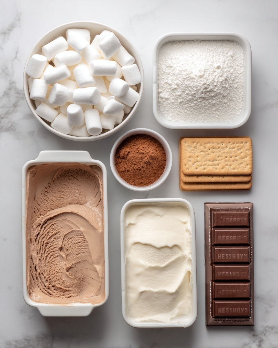 The image shows ingredients neatly arranged on a white marbled surface: at the top left, a white bowl filled with many white mini marshmallows; to the right, an open white container showing white powder inside; below it, a small white bowl containing light brown cocoa powder; next, a white bowl with smooth white cream; below these bowls, six rectangular blocks wrapped in white paper are stacked in two rows of three; to the right of the blocks, a small stack of three light brown rectangular graham crackers; at the bottom right, a Hershey’s milk chocolate bar wrapped in dark brown packaging is placed horizontally photo taken with an iphone --ar 4:5 --v 7