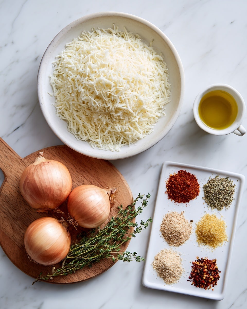 A large white bowl filled with a mound of finely shredded pale yellow parmesan cheese is placed on a white marbled surface. To the right, a square white plate displays six small piles of spices with different textures and colors: light beige, reddish-brown, yellowish, crushed red flakes, black pepper, and a light brown spice. Below, a round wooden cutting board holds three whole light brown onions with smooth skins and a small bunch of fresh green thyme sprigs. To the right of the board, a white cup contains golden yellow olive oil. All items are neatly arranged, creating a clean and natural cooking ingredient display. Photo taken with an iphone --ar 4:5 --v 7