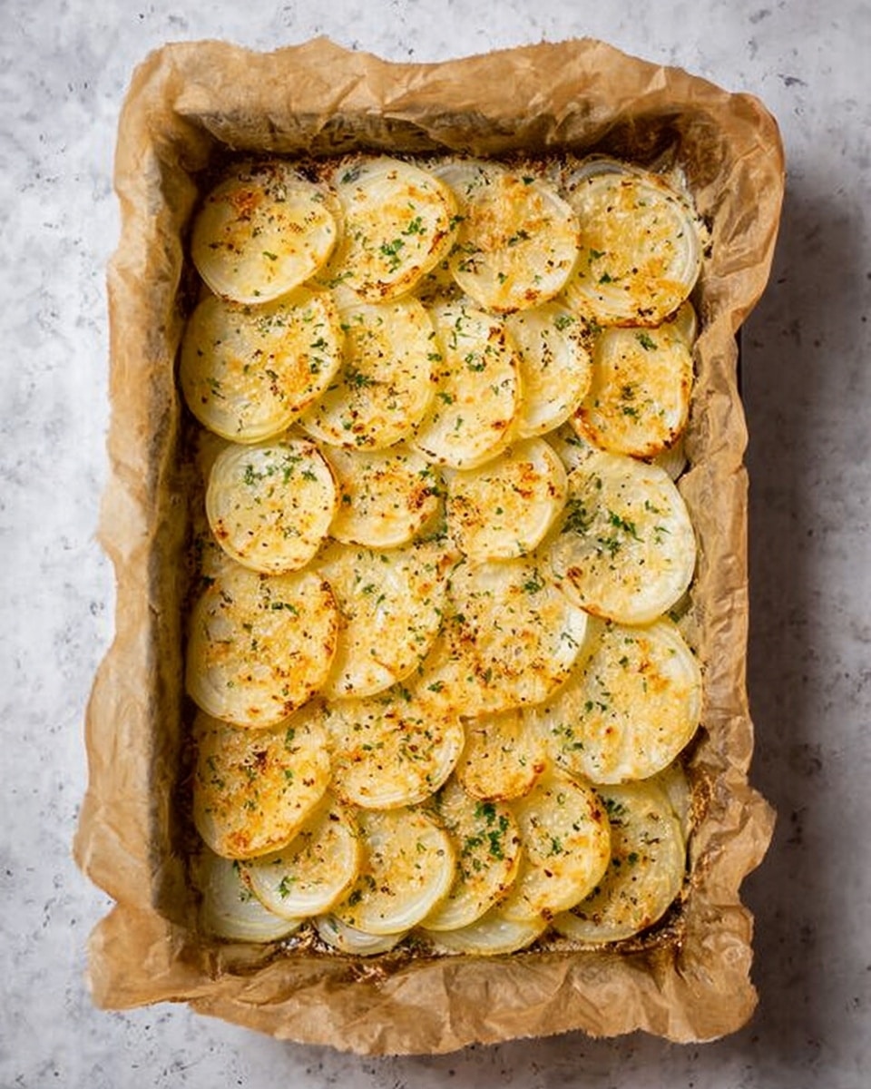 The image shows a rectangular baking dish lined with crinkled brown parchment paper, filled with evenly layered thin round slices of potatoes. The top layer is golden brown with small green herb sprinkles and a light dusting of grated cheese. The potato slices are arranged in close rows, with some overlapping slightly, creating a textured look. The surface underneath the dish is a white marbled texture. photo taken with an iphone --ar 4:5 --v 7