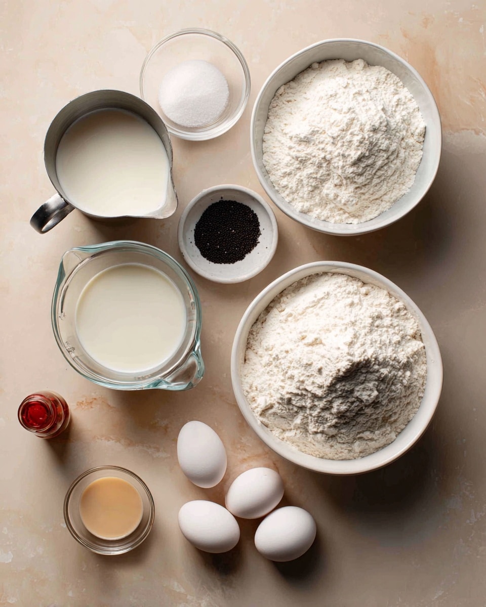The image shows several ingredients placed neatly on a light brown textured surface. There is a white bowl filled with white flour at the top right, next to a smaller white bowl with white baking powder. Below, a metal cup holds thick white coconut milk. A clear glass measuring cup with a handle contains light milk. To the right of the measuring cup is a large white bowl full of white sugar. Near the bottom, there are five white eggs arranged closely together. Next to the eggs, two small clear glass bowls hold light-colored sweetened condensed milk and evaporated milk. A small dark bowl with black vanilla seeds is placed near the eggs. A small bottle with a red cap labeled coconut extract lies beside the vanilla bowl. The surface is clean with a smooth look and the photo has natural light, photo taken with an iphone --ar 4:5 --v 7