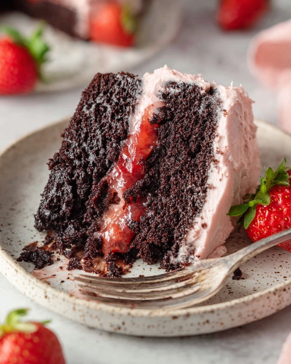 A slice of dark chocolate cake with a soft and moist texture is shown on a white speckled plate. The cake has two thick layers of dark brown color with a shiny red strawberry filling running between the layers, slightly oozing out. The top and sides are covered with a smooth, light pink frosting. A silver fork with some cake crumbs is placed next to the slice. There are fresh strawberries on the plate and blurred around the background, all placed on a white marbled surface. photo taken with an iphone --ar 4:5 --v 7