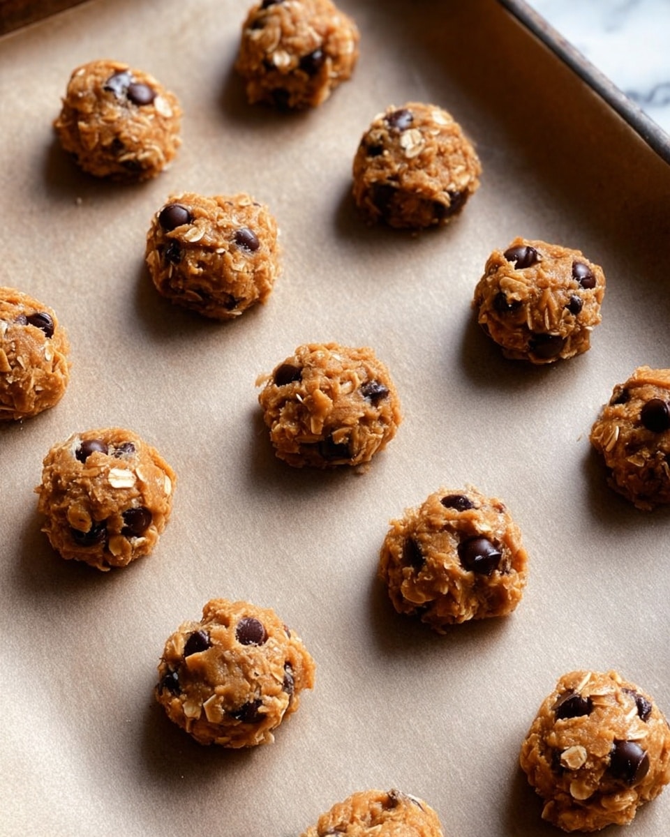 The image shows a baking tray lined with light brown parchment paper, filled with uneven small round cookie dough balls arranged in rows. Each dough ball is golden brown with visible oats and dark chocolate chips scattered throughout, some chocolate chips slightly melted and shiny. The dough texture looks soft and slightly rough with a few cracks on the surface. The cookie balls are close but not touching, ready to be baked. The background surface under the tray is a white marbled texture. photo taken with an iphone --ar 4:5 --v 7
