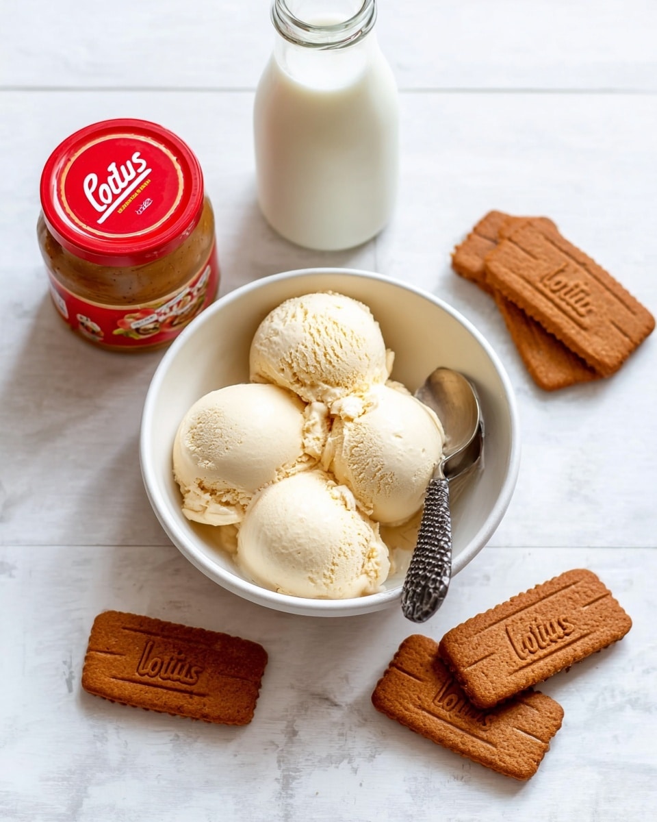 A white ceramic bowl filled with six scoops of creamy vanilla ice cream with a soft, smooth texture, placed on a white marbled surface. A metal spoon with a dark, textured handle rests inside the bowl on the right side. Surrounding the bowl are six rectangular brown Lotus Biscoff cookies with embossed