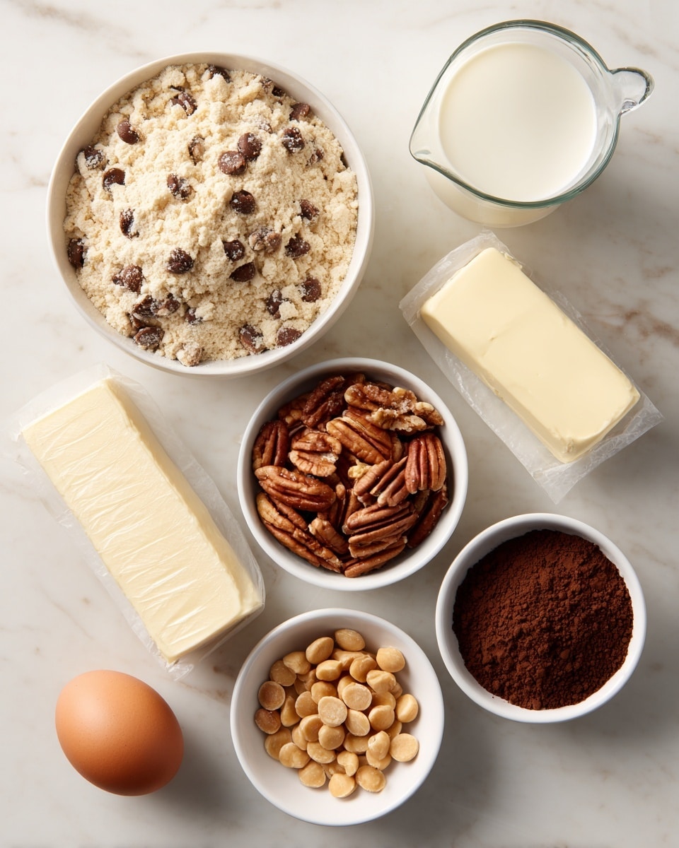 A top-down view of seven baking ingredients arranged on a white marbled surface. In the upper left, a white bowl is filled with light tan chocolate chip cookie mix with visible chocolate bits scattered inside. To its right, a small transparent jug holds smooth white heavy cream. Below the cookie mix, a light yellow stick of butter wrapped in paper lies horizontally. Next to the butter on the right, a white bowl is filled with chopped pecans, showing their light and dark brown mixed pieces. Below the chopped pecans, a white bowl contains round, light brown caramel bits. To the right of caramel bits, another white bowl holds fine, dark brown cocoa powder. In the bottom left corner, a single brown egg rests on the marbled surface. photo taken with an iphone --ar 4:5 --v 7
