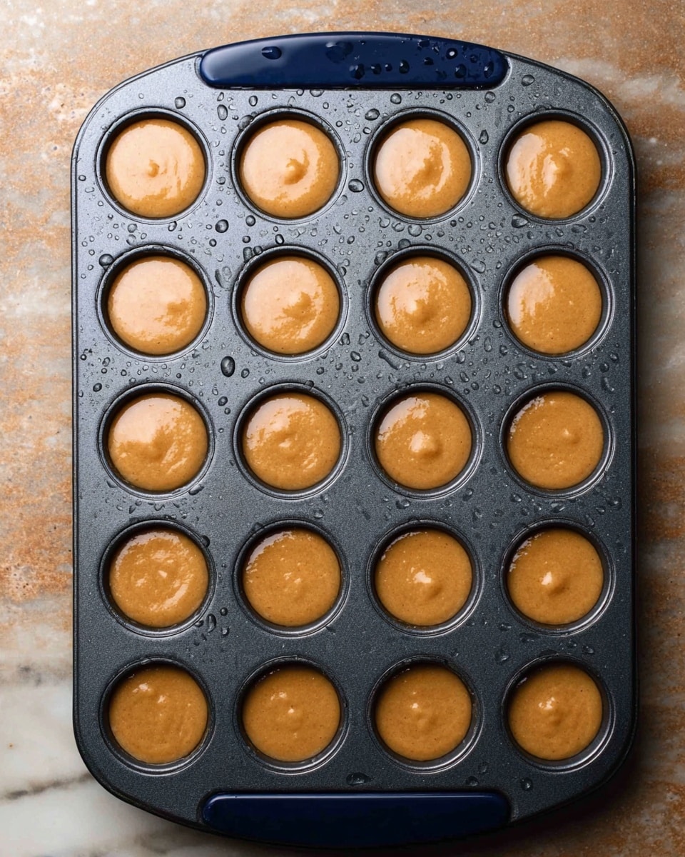 A dark gray muffin tray with 24 round cups is filled with light brown batter, each cup nearly full with smooth, slightly shiny texture. The tray surface shows water droplets, and it is placed on a white marbled textured surface. The batter has a soft and wet look with tiny air bubbles, and each cup's content is level and consistent in color. The tray’s handles have dark blue grips on the edges. photo taken with an iphone --ar 4:5 --v 7
