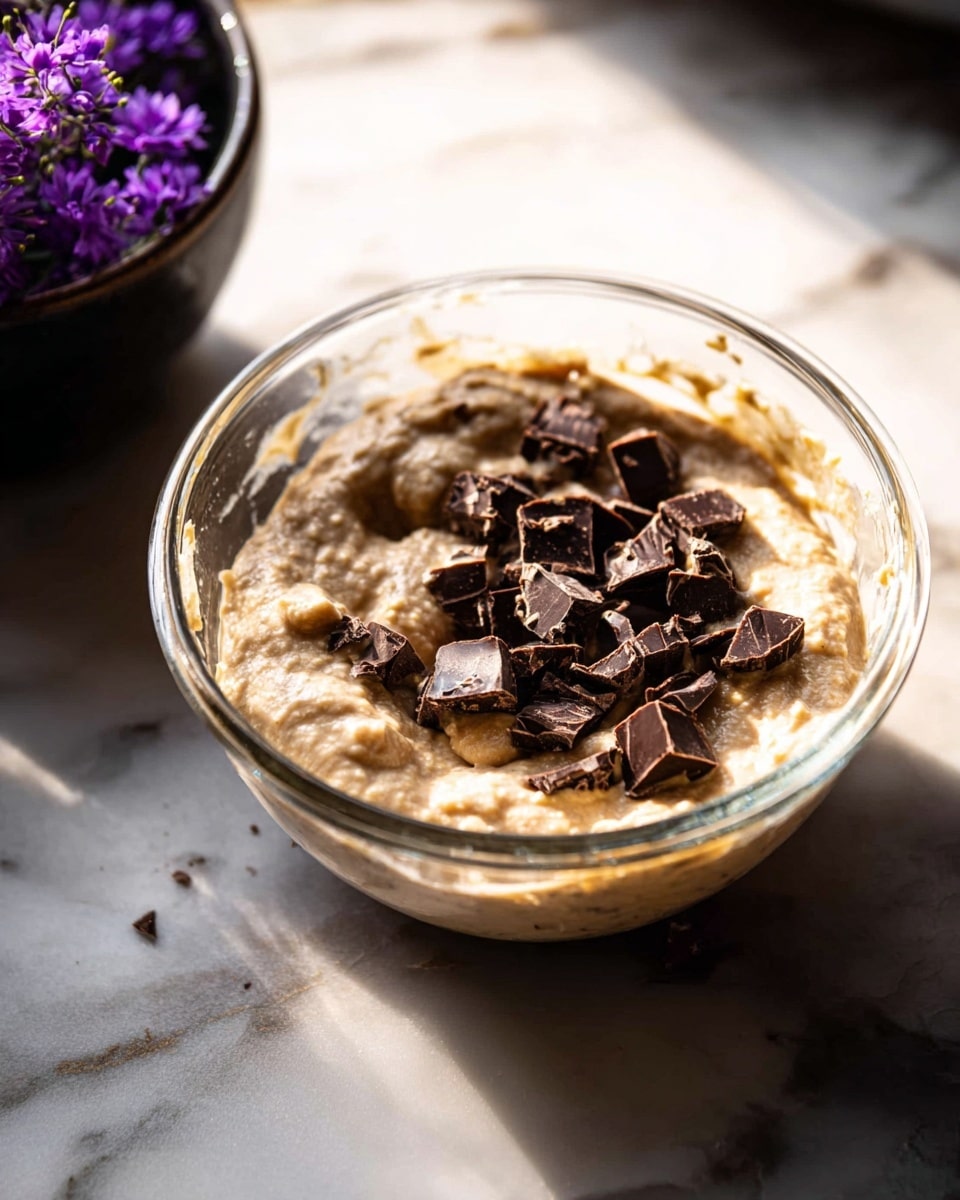 A clear glass bowl holds a thick, light beige batter with chunks of dark brown chocolate scattered on top. The bowl is placed on a white marbled surface, and in the background, a dark bowl filled with small purple flowers adds a hint of color. The scene is lit by natural light that casts soft shadows around the bowl, highlighting the texture of the batter and chocolate pieces. photo taken with an iphone --ar 4:5 --v 7