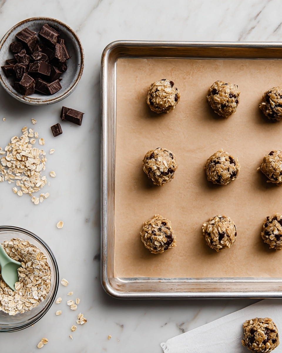 Six small cookie dough balls are spaced evenly in two columns and three rows on a square baking tray lined with light brown parchment paper. The cookie dough is light brown with visible oats and dark chocolate chunks mixed in. To the right, there is a small white baking sheet with one cookie dough ball on parchment paper. Below that is a clear glass bowl with remaining cookie dough and a light green spoon inside. To the left, there is a small clear bowl with dark chocolate chunks and some scattered oats and chocolate pieces around it. All items are on a white marbled surface. Photo taken with an iphone --ar 4:5 --v 7