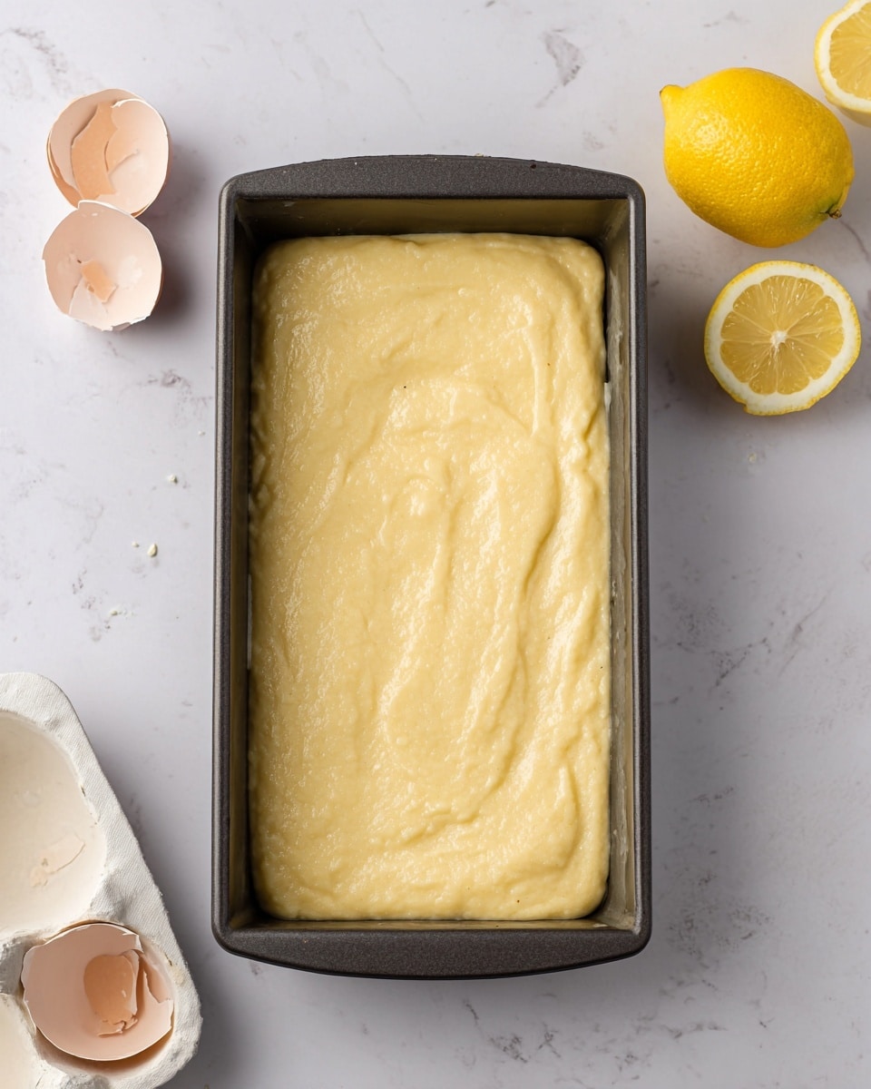 A rectangular dark baking pan filled with smooth, thick light yellow batter, slightly textured and evened out on top, sits on a white marbled surface. In the upper right corner, there are two lemon halves and a whole lemon, showing bright yellow skin and pale yellow flesh. To the left, there are cracked empty eggshells resting in a white ceramic holder. The scene is bright and clean, highlighting the batter in the pan ready to be baked photo taken with an iphone --ar 4:5 --v 7