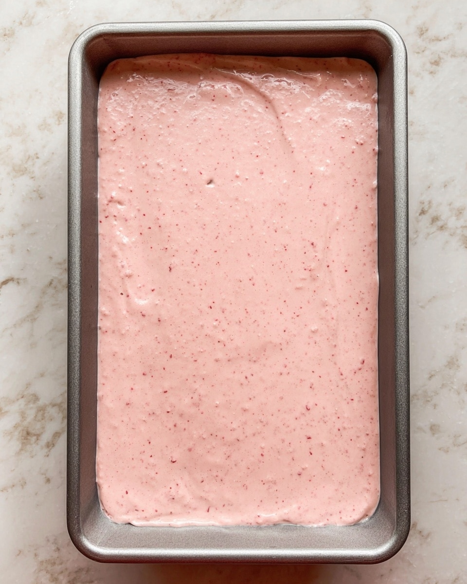 A rectangular metal baking pan filled with a single thick layer of light pink, creamy batter with small red speckles evenly spread across the surface, placed on a white marbled textured surface photo taken with an iphone --ar 4:5 --v 7