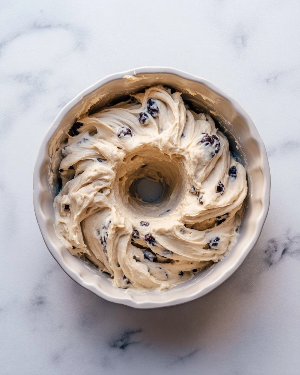 A white bundt pan holds soft, creamy dough spread unevenly inside it, showing swirled peaks and folds. The dough is light beige with dark blue spots scattered throughout, suggesting berries mixed inside. The pan sits on a white marbled surface, which adds a smooth and clean look to the scene. photo taken with an iphone --ar 4:5 --v 7