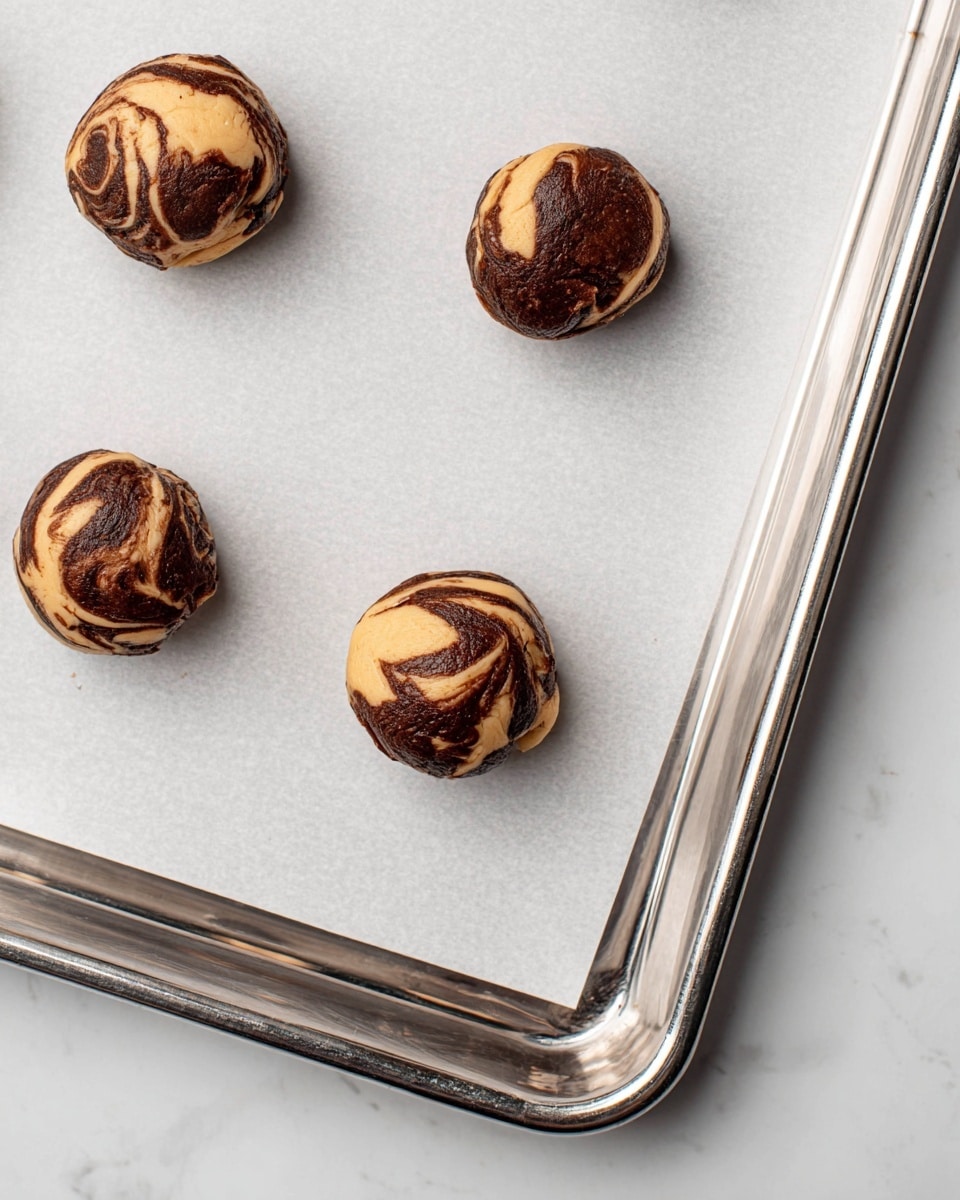 Four raw dough balls sit spaced out on a baking sheet lined with white parchment paper, with the sheet placed on a white marbled surface. Each dough ball is round and roughly the same size, featuring a swirled mix of dark brown and light beige colors, creating a marbled effect that looks soft and smooth. The baking sheet has shiny silver metal edges that frame the parchment paper neatly. The photo taken with an iphone --ar 4:5 --v 7