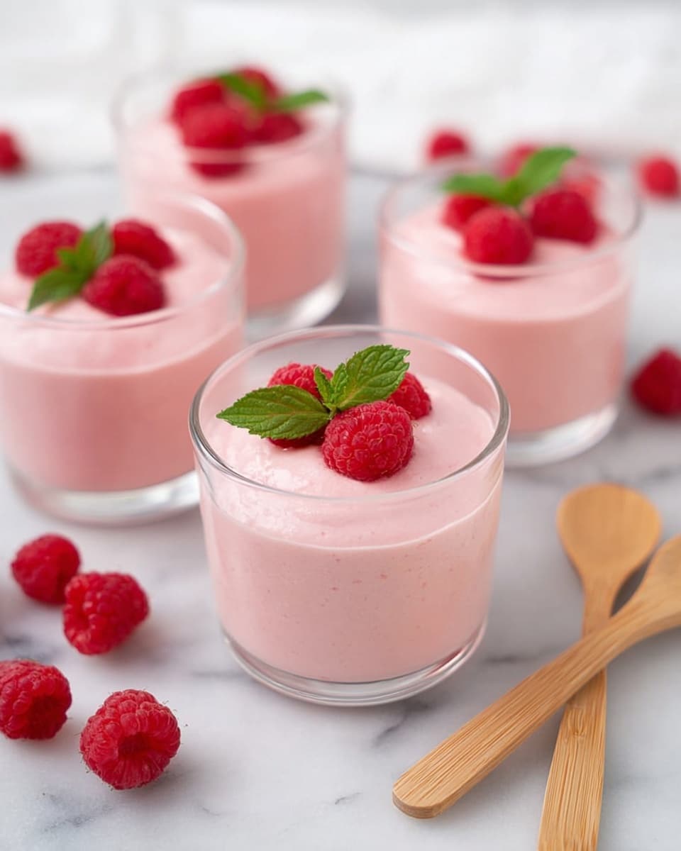 The image shows a light pink mousse dessert in a clear glass cup placed on a white marbled surface. The mousse has a smooth, creamy texture with some air bubbles visible on the surface, and it fills about two-thirds of the glass. A wooden spoon holds a scoop of the mousse above the glass, showcasing its fluffy, airy texture. In the background, there are several more glass cups filled with the same pink mousse, each topped with a fresh raspberry and a small green leaf. A few loose raspberries are scattered on the white marbled surface nearby. photo taken with an iphone --ar 4:5 --v 7