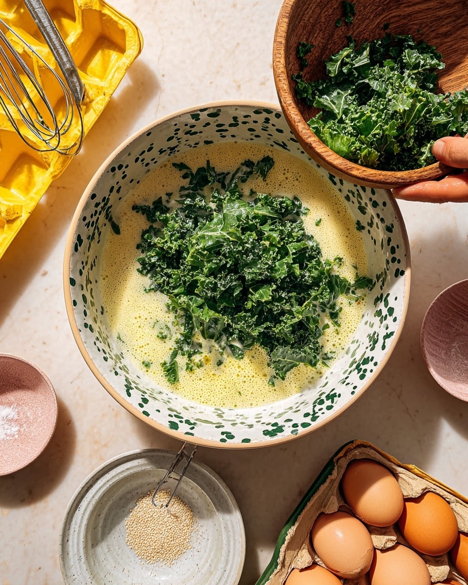 A white bowl with dark green splatters is filled with a light yellow foamy liquid, and freshly chopped dark green kale is being added on top from a brown wooden bowl held by a woman's hand. Around the bowl, there is a small white plate with grains and salt, a whisk in a clear glass measuring cup, a cracked yellow egg carton, a small pink dish, a tiny pink bowl on a white marbled surface, and a white bowl filled with brown eggshells. photo taken with an iphone --ar 4:5 --v 7