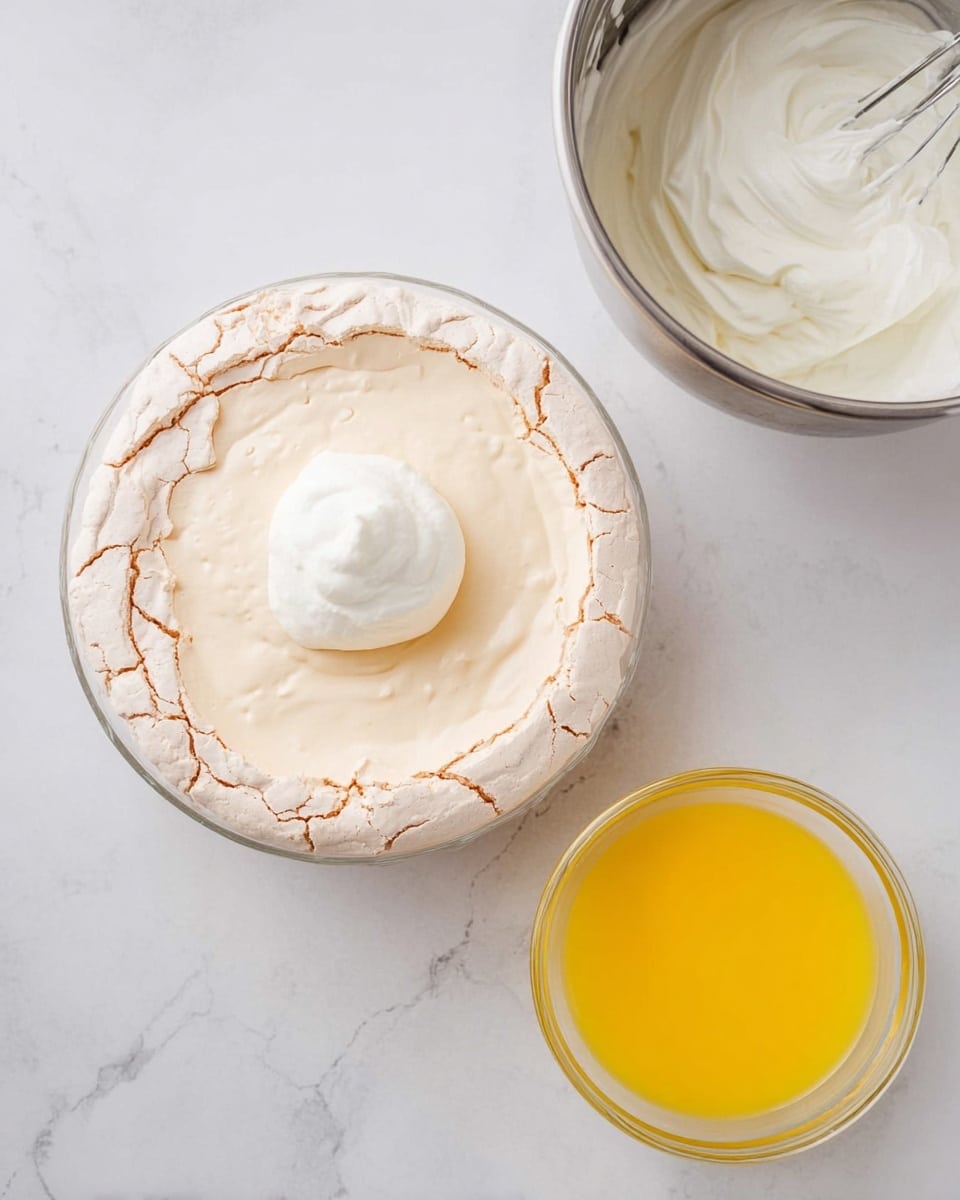 The image shows a dessert with two visible layers in a clear round dish on a white marbled surface. The bottom layer is light beige with a cracked, rough texture, like baked meringue. On top of this is a small dollop of smooth, white whipped cream placed near the center. Above and slightly to the right, there is a metal mixing bowl with more thick white whipped cream inside and a spoon resting in it. Below and to the right, a clear round glass bowl filled with bright yellow liquid, possibly beaten eggs or juice, is visible. photo taken with an iphone --ar 4:5 --v 7