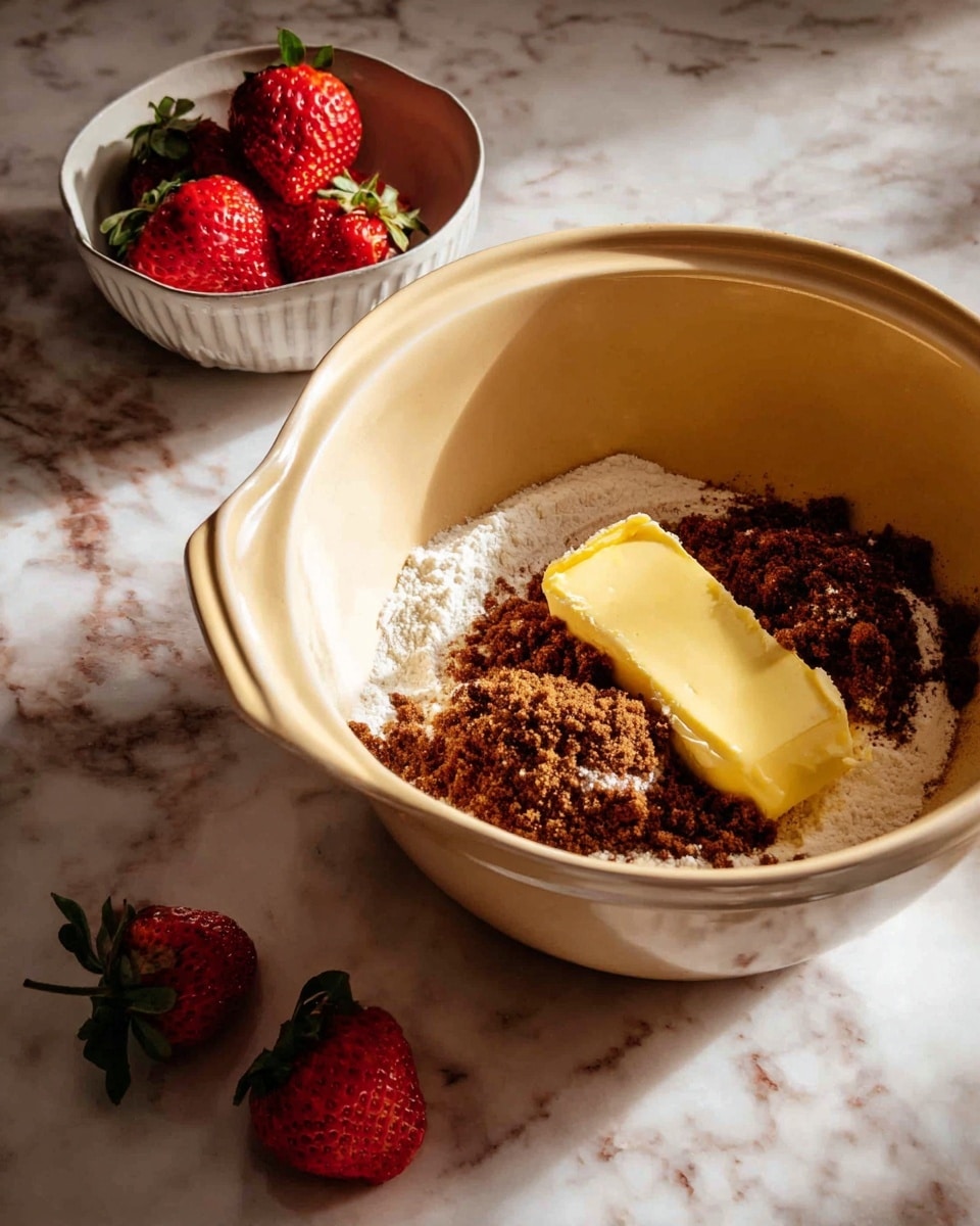 A beige mixing bowl sits on a white marbled surface, filled with three layers of ingredients: the bottom layer is white flour, a stick of soft yellow butter lies across the middle, and dark brown sugar is sprinkled over the butter and flour. Nearby, several fresh red strawberries are scattered on the surface, with two strawberries placed inside a small white bowl. The lighting is warm and natural, emphasizing the textures and colors of the ingredients and surrounding items. Photo taken with an iphone --ar 4:5 --v 7