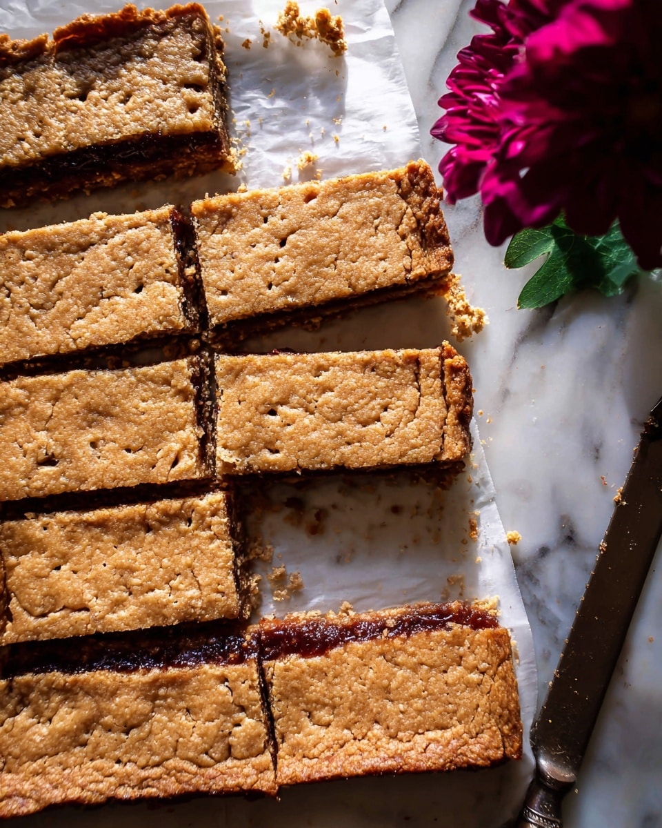 The image shows a tray of rectangular bars with two visible layers on a white marbled surface. The bottom layer is a dark, sticky jam filling completely covering the base, while the top layer is a thick, golden-brown oat crust with a slightly rough texture and small fork holes across the surface. The bars are cut into uniform rectangles, with one piece slightly pulled out to highlight the two layers. A deep pink flower with green leaves is placed at the top right corner, adding a pop of color. Part of a knife is visible on the right side. Photo taken with an iphone --ar 4:5 --v 7