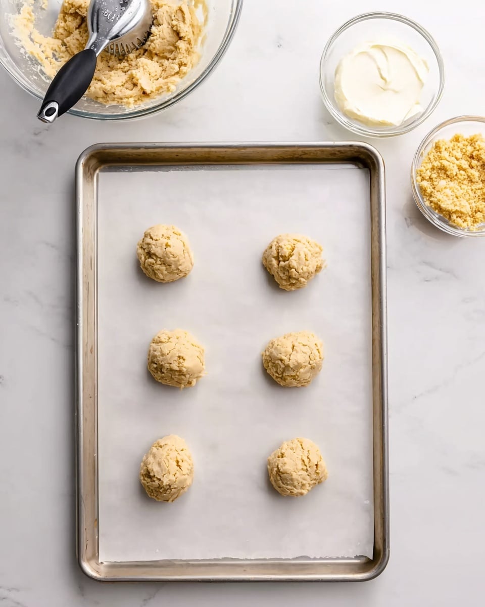 The image shows a silver baking tray lined with parchment paper, positioned on a white marbled surface. On the tray, there are six evenly spaced balls of light beige cookie dough, each with a slightly rough texture and uneven shape. In the top left corner inside the frame, a glass bowl contains more dough and a silver ice cream scoop with a black handle is resting inside it. To the right of the tray, two small glass bowls are visible, one filled with white butter or cream and the other with a crumbly golden mixture. The scene is brightly lit, showing clear details of each element, photo taken with an iphone --ar 4:5 --v 7