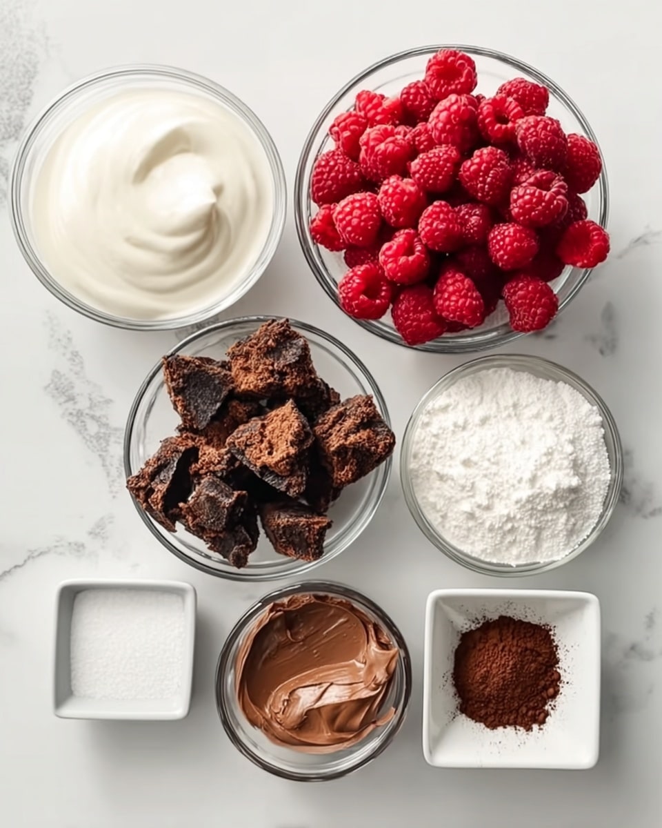 The image shows seven small glass bowls arranged neatly on a white marbled surface. Starting from the top left, there is a bowl filled with smooth, creamy white yogurt with a slightly glossy texture. To its right, a bowl is full of fresh, bright red raspberries with a soft, bumpy surface. Below the yogurt, there is a bowl holding a rich brown chocolate spread with a thick, smooth texture. In the center, a bowl contains dark brown broken chunks of chocolate brownie, showing a rough and crumbly texture. To the right of that, another bowl contains white powder, likely powdered sugar, giving a soft and fluffy look. Below these bowls, there are two small white square dishes; the left one holds fine white sugar, and the right one has a small pile of dark brown cocoa powder with a slightly grainy texture. photo taken with an iphone --ar 4:5 --v 7