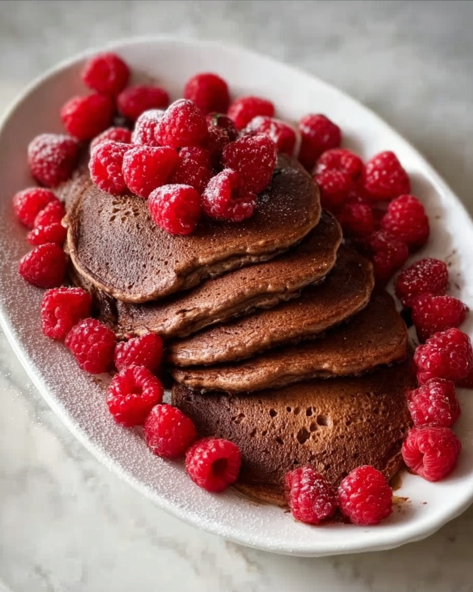 An oval white plate sits on a white marbled surface, filled with two layers of chocolate pancakes, each layer containing about five thick, round pancakes with a rich brown color and a slightly uneven texture. Bright red raspberries are scattered generously on top and around the edges of the pancakes, adding a fresh contrast to the deep chocolate color. Photo taken with an iphone --ar 4:5 --v 7