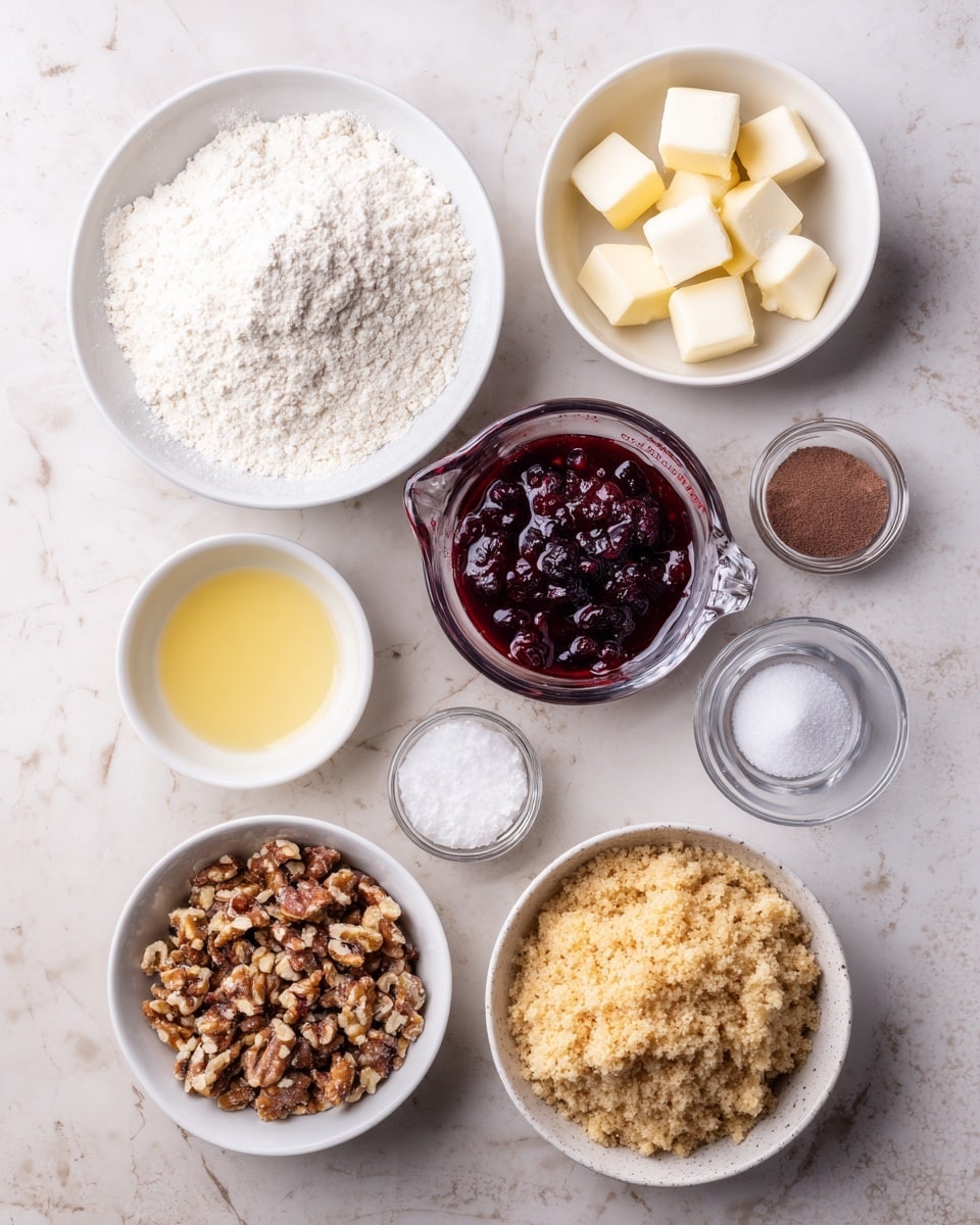 The image shows eight small white bowls and a clear glass measuring cup on a white marbled surface. The top left bowl is filled with white flour, the top right has small white cubes of butter. Below the flour bowl is melted butter in another bowl next to a tiny bowl of yeast powder. The clear glass measuring cup in the middle right holds dark red mixed berries in syrup. Below it to the bottom left is a bowl of chopped nuts, and to the right of that is a bowl of light brown crumbly mixture. Two very small bowls on the right side hold salt and coarse sugar. The layout is neat and the colors range from white, yellow, red, brown, and beige. Photo taken with an iphone --ar 4:5 --v 7