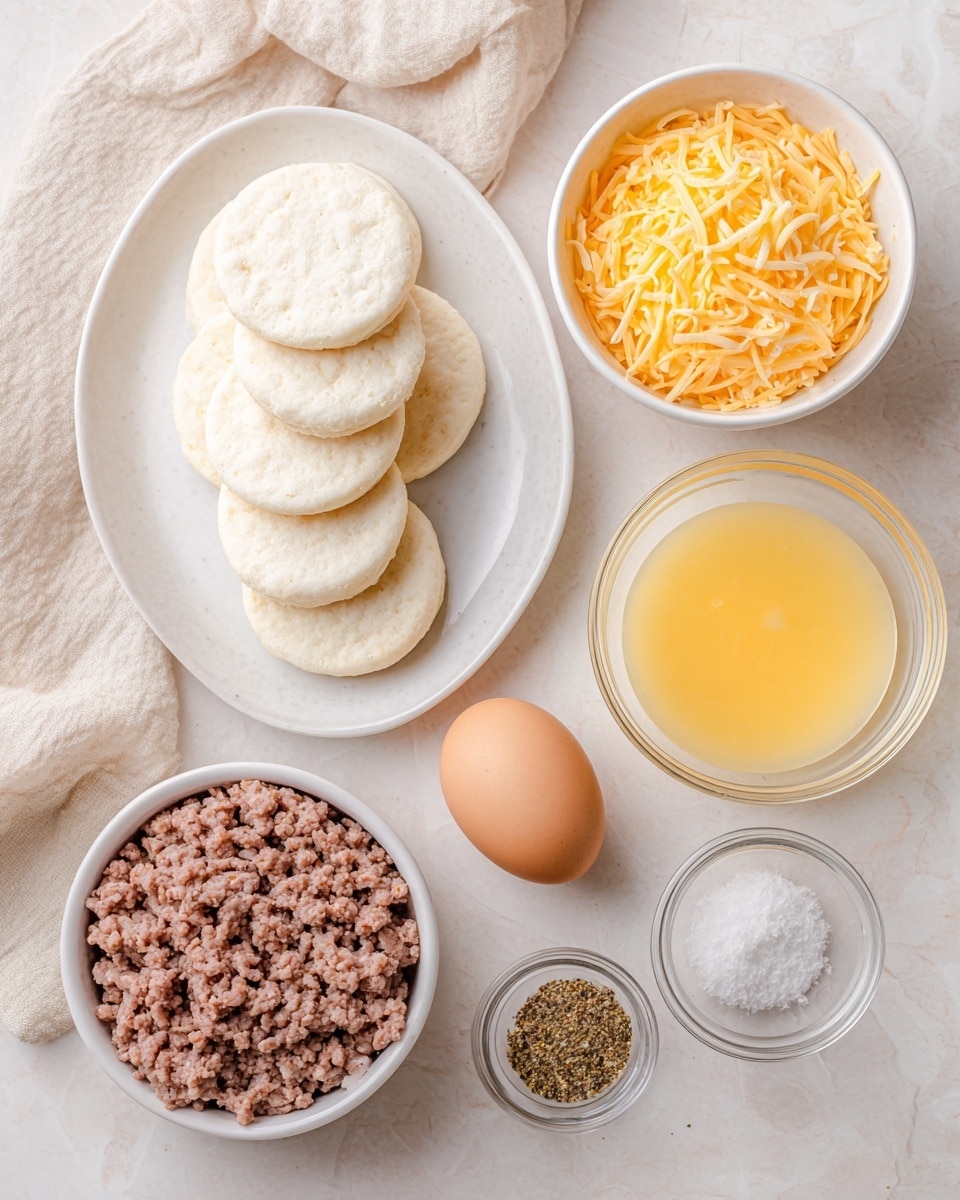 The image shows six small white biscuit rounds stacked on a white oval plate at the top left. To the right, there is a white bowl filled with shredded yellow and orange cheese. Below that is a small white bowl holding a single brown egg. Near the bottom right, there is a clear glass bowl with beaten yellow eggs. On the lower left side, a larger white bowl holds cooked ground meat with a coarse texture. At the bottom right corner, a small white bowl contains salt, black pepper, and another light-colored spice on a white marbled surface with a soft beige cloth nearby. photo taken with an iphone --ar 4:5 --v 7