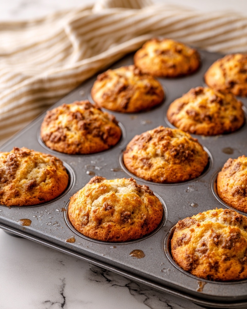 A dark gray metal muffin tray holds twelve freshly baked muffins with a golden brown and light tan crust. Each muffin is round with a slightly cracked top, showing uneven patches of brown chunks mixed into the light dough. The tray sits on a white marbled surface with a beige and white striped cloth partially visible in the background. The muffins have a rough texture, and the tray shows small droplets of oil or moisture on its surface. The scene is lit by soft natural light, highlighting the warm colors of the muffins photo taken with an iphone --ar 4:5 --v 7