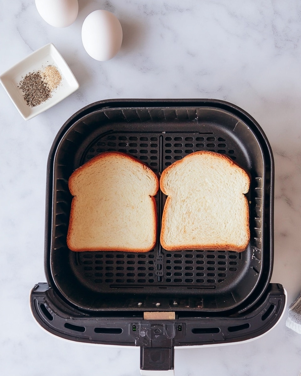 An overhead view shows two slices of plain white bread placed side by side inside a black air fryer basket with a grid texture. Above the air fryer, on a white marbled surface, there are two whole white eggs placed closely together and a small white square dish holding salt and black pepper. The scene is clean and simple with soft natural light. Photo taken with an iphone --ar 4:5 --v 7